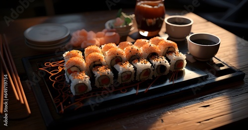 a platter of sushi with two chopsticks and soy sauce