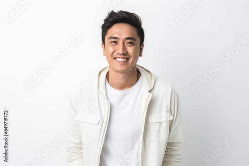 Portrait of a Filipino man in his 20s wearing a chic cardigan against a white background