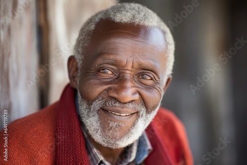 Portrait of a 100-year-old elderly Kenyan man wearing a chic cardigan against an abstract background photo