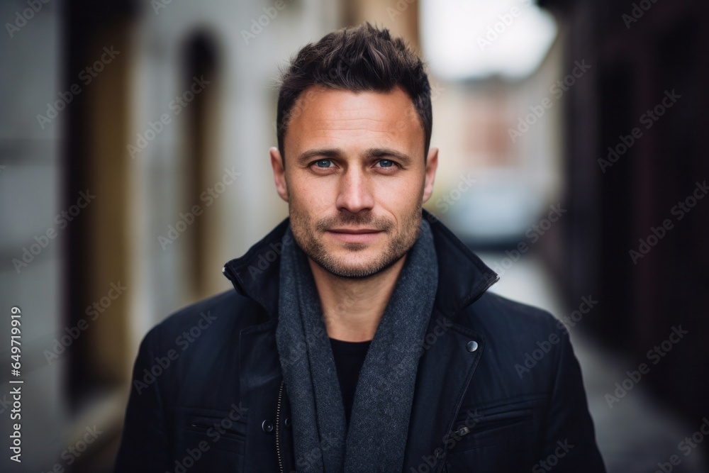 Obraz premium portrait of a confident Polish man in his 30s wearing a chic cardigan against an abstract background
