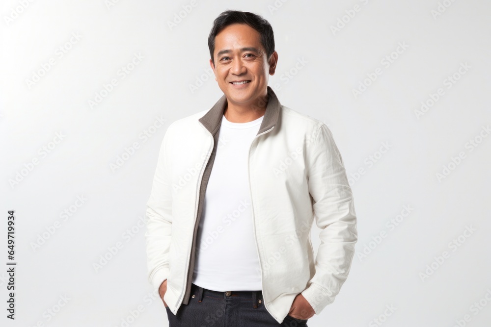 Portrait of a Filipino man in his 40s wearing a chic cardigan against a white background Portrait of a Filipino man in his 40s wearing a chic cardigan against a white background