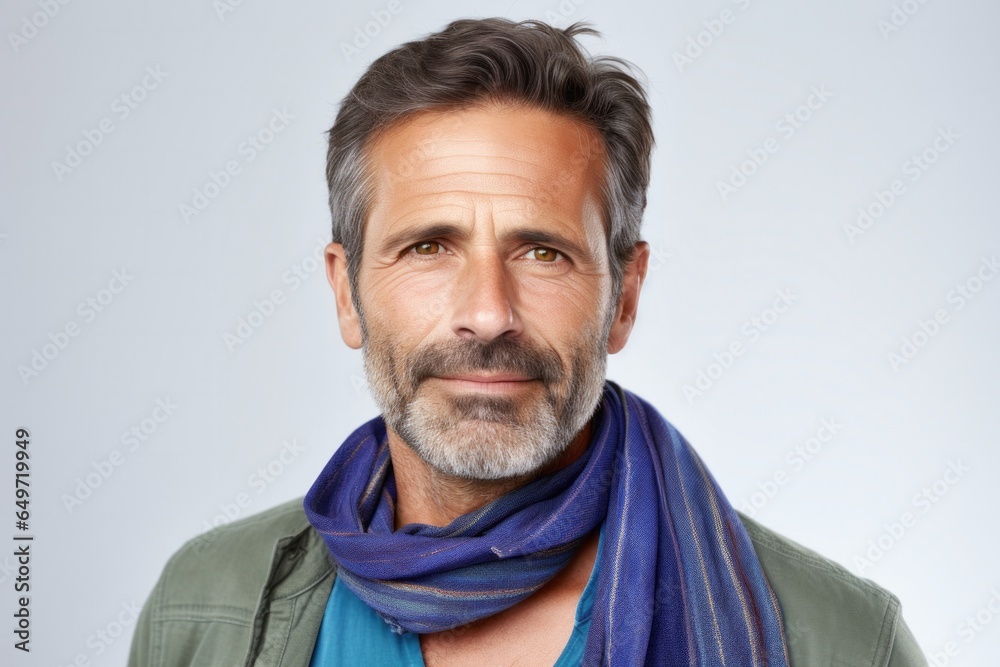 portrait of a confident Polish man in his 40s wearing a charming scarf against a white background portrait of a confident Polish man in his 40s wearing a charming scarf against a white background