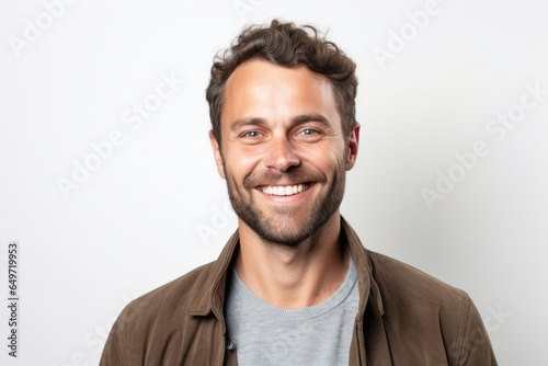 portrait of a confident Polish man in his 30s wearing a chic cardigan against a white background