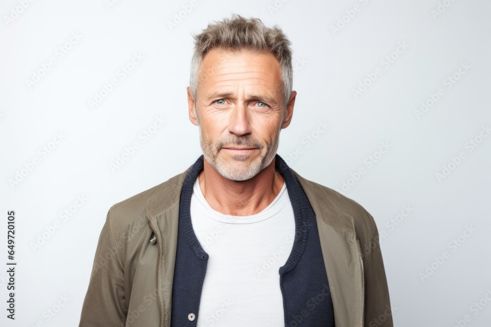 portrait of a confident Polish man in his 50s wearing a chic cardigan against a white background portrait of a confident Polish man in his 50s wearing a chic cardigan against a white background