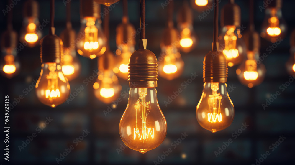 A group of Multiple retro-style light bulbs in a dark room, casting a nostalgic glow. They create a captivating vintage ambiance. Idea concept. Teamwork A group of Multiple retro-style light bulbs in a dark room, casting a nostalgic glow. They create a captivating vintage ambiance. Idea concept. Teamwork