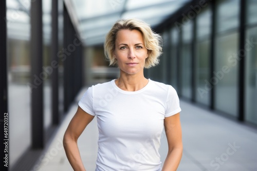 Free Download portrait of a confident Polish woman in her 40s wearing a casual t-shirt against a modern architectural background - GFXLoad