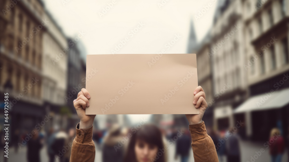 A political activist protesting holding a blank placard sign banner at a protest. 