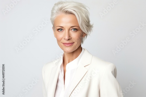 portrait of a confident Polish woman in her 50s wearing a sleek suit against a white background