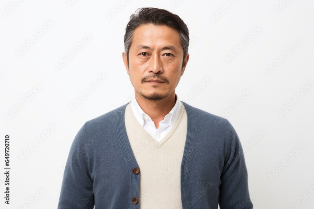 portrait of a serious, Japanese man in his 40s wearing a chic cardigan against a white background portrait of a serious, Japanese man in his 40s wearing a chic cardigan against a white background