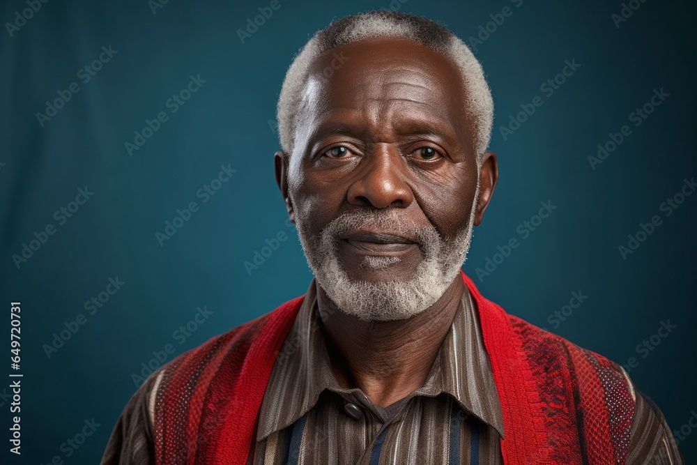 portrait of a serious, Kenyan man in his 60s wearing a chic cardigan against an abstract background portrait of a serious, Kenyan man in his 60s wearing a chic cardigan against an abstract background