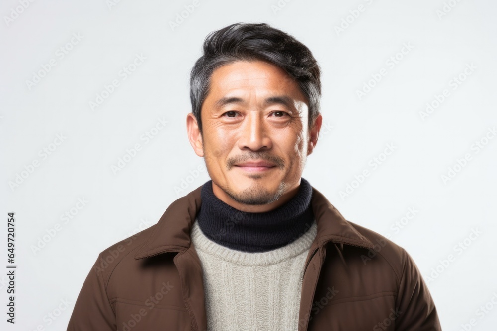 Obraz premium portrait of a serious, Japanese man in his 40s wearing a chic cardigan against a white background