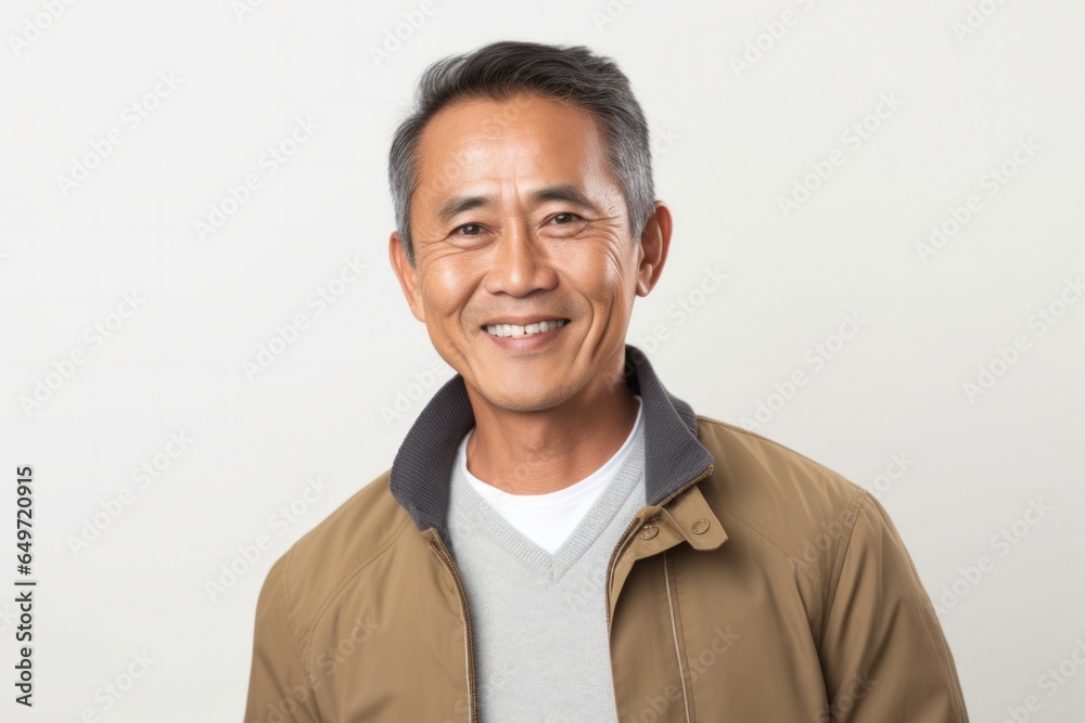 portrait of a Filipino man in his 50s wearing a chic cardigan against a white background portrait of a Filipino man in his 50s wearing a chic cardigan against a white background