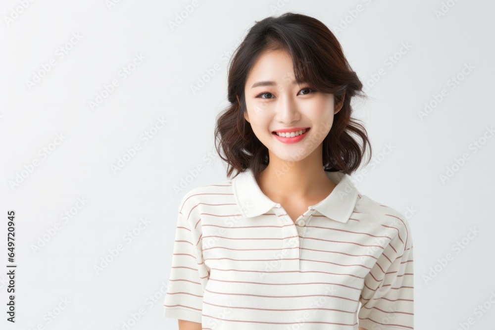 Portrait of a Japanese woman in her 20s wearing a sporty polo shirt against a white background Portrait of a Japanese woman in her 20s wearing a sporty polo shirt against a white background