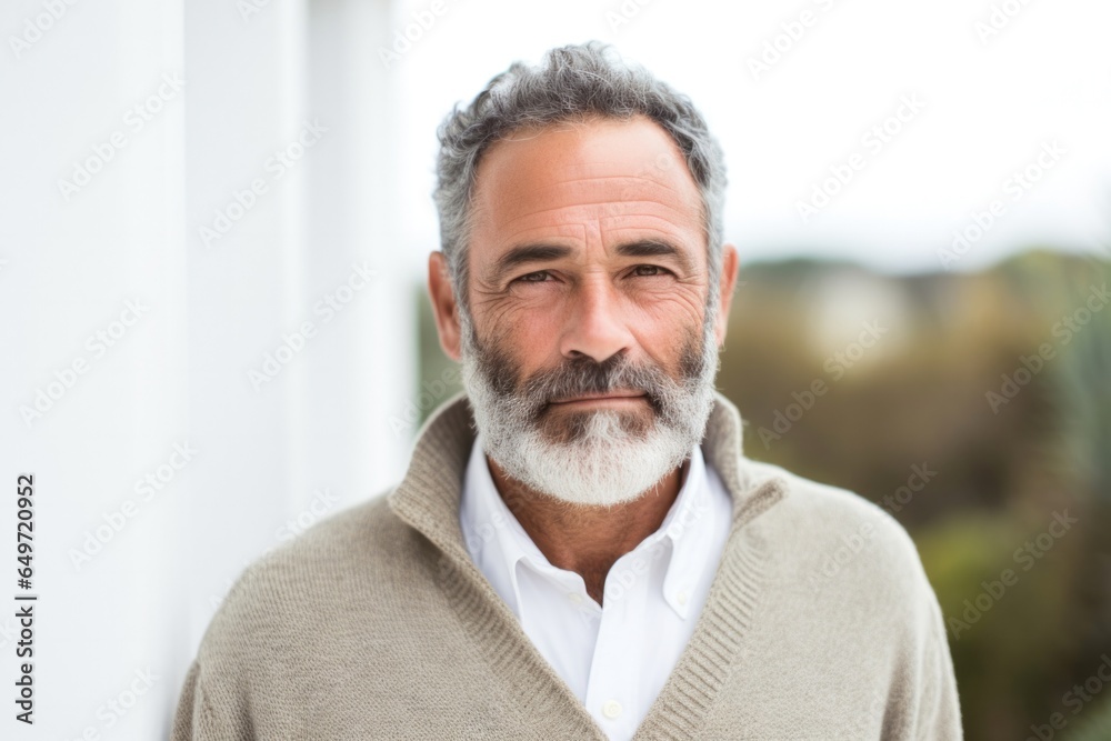 portrait of a Israeli man in his 50s wearing a chic cardigan against a white background portrait of a Israeli man in his 50s wearing a chic cardigan against a white background