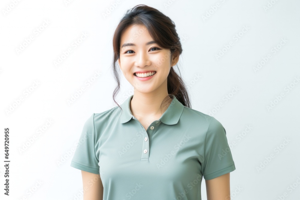 Portrait of a Japanese woman in her 20s wearing a sporty polo shirt against a white background Portrait of a Japanese woman in her 20s wearing a sporty polo shirt against a white background