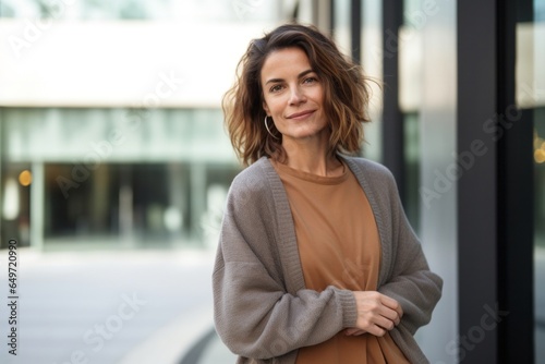 portrait of a Israeli woman in her 30s wearing a chic cardigan against a modern architectural background Free Download portrait of a Israeli woman in her 30s wearing a chic cardigan against a modern architectural background - GFXLoad