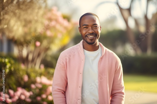 Portrait of a Kenyan man in his 30s wearing a chic cardigan against a pastel or soft colors background
