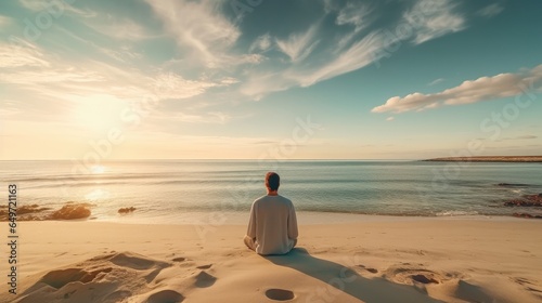 A photo of a man deep in meditation on a tranquil beach, with the serene horizon stretching out before him.