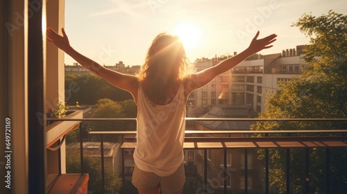 Fotografija A photo of a youthful woman extending her arms on a sun-drenched balcony, basking in the warm sunlight