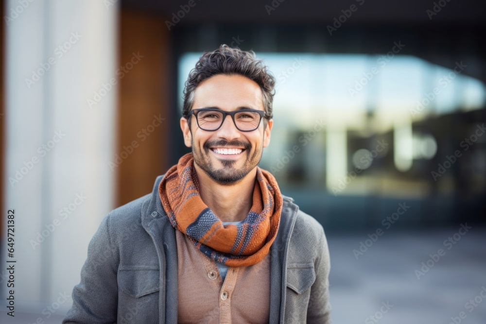 Portrait of a Mexican man in his 30s wearing a chic cardigan against an abstract background Portrait of a Mexican man in his 30s wearing a chic cardigan against an abstract background