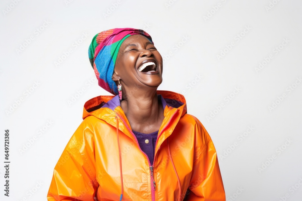 Portrait of a Kenyan woman in her 80s wearing a vibrant raincoat against a white background