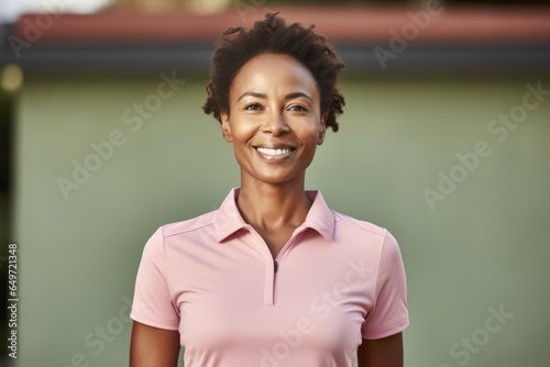 Portrait of a Kenyan woman in her 40s wearing a sporty polo shirt against a pastel or soft colors background