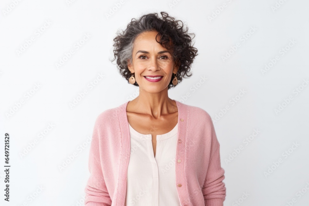 Portrait of a Mexican woman in her 60s wearing a chic cardigan against a white background