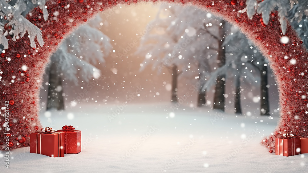 red christmas arch for New Year's gifts with an empty mine space in the winter frosty forest. red christmas arch for New Year's gifts with an empty mine space in the winter frosty forest.