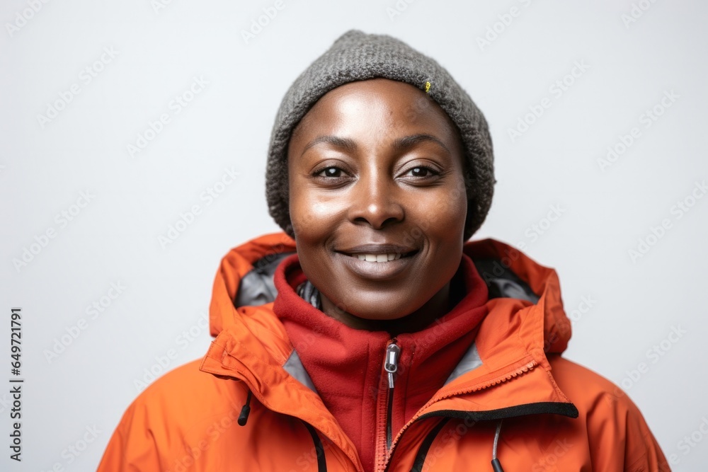 medium shot portrait of a confident Kenyan woman in her 40s wearing a warm parka against a white background medium shot portrait of a confident Kenyan woman in her 40s wearing a warm parka against a white background