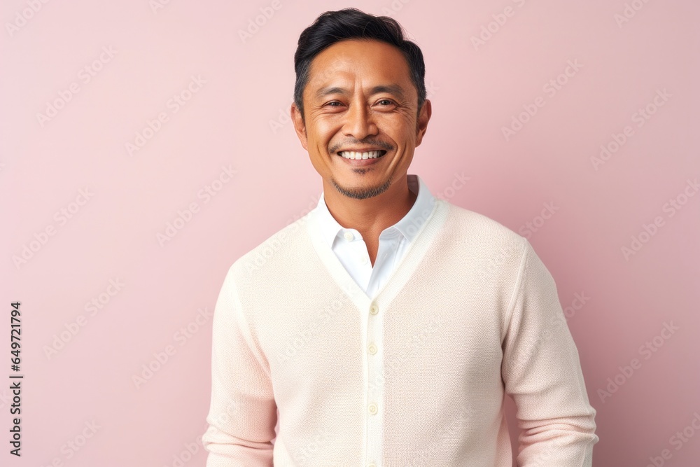 Portrait of a confident Filipino man in his 40s wearing a chic cardigan against a pastel or soft colors background Portrait of a confident Filipino man in his 40s wearing a chic cardigan against a pastel or soft colors background