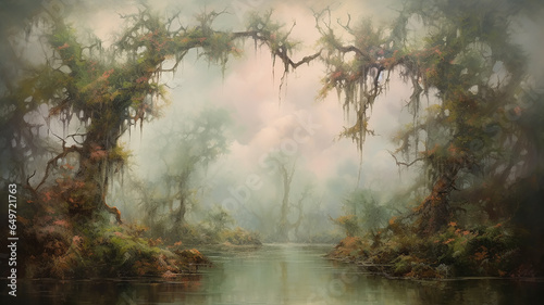 landscape huge old oaks in the swamp oil paint delicate colors paintings on canvas. © kichigin19