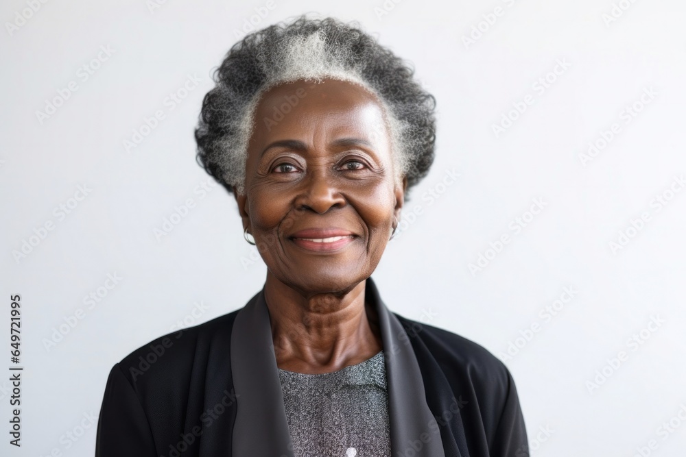medium shot portrait of a confident Kenyan woman in her 70s wearing a sleek suit against a white background medium shot portrait of a confident Kenyan woman in her 70s wearing a sleek suit against a white background
