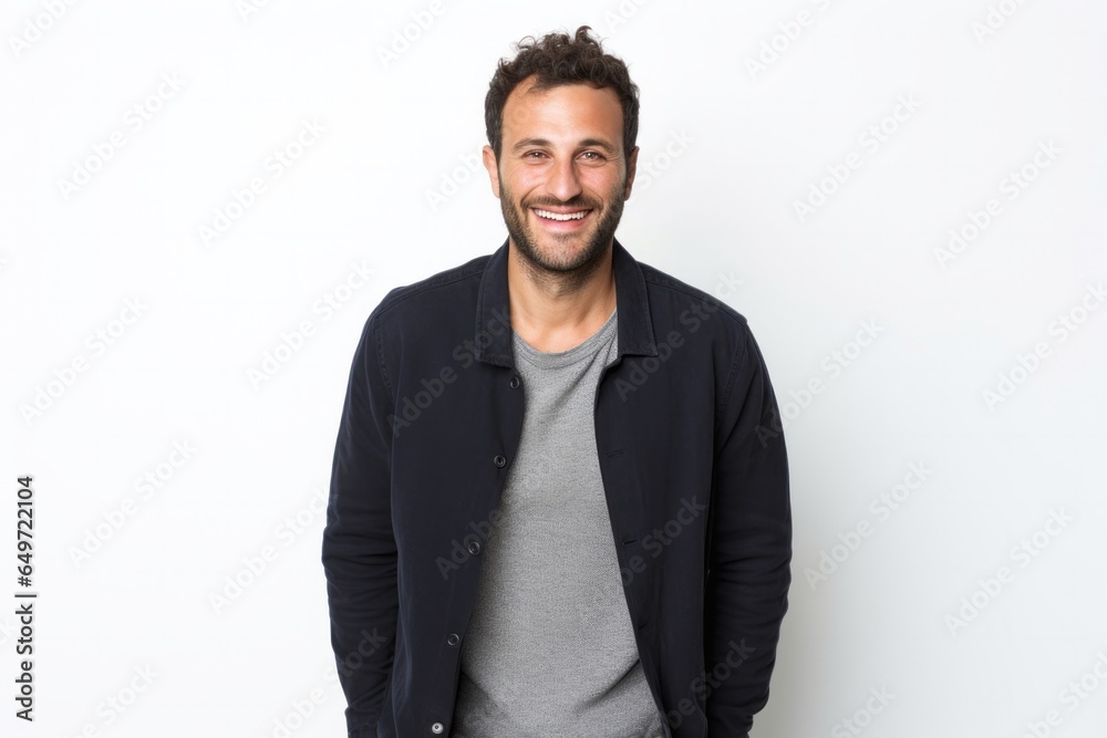 Portrait of a confident Israeli man in his 30s wearing a chic cardigan against a white background Portrait of a confident Israeli man in his 30s wearing a chic cardigan against a white background