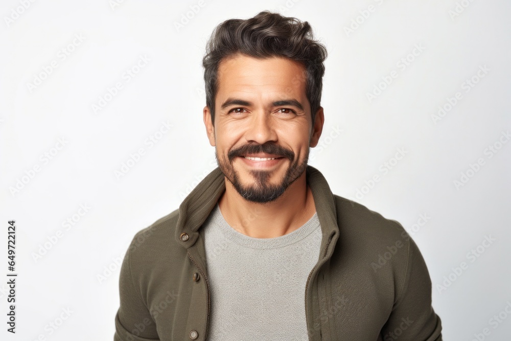 medium shot portrait of a confident Mexican man in his 30s wearing a chic cardigan against a white background medium shot portrait of a confident Mexican man in his 30s wearing a chic cardigan against a white background