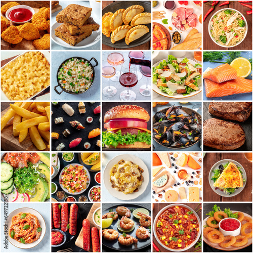 Food collage layout. A variety of dishes, a collection for a restaurant banner. International cuisine. Burger, salad and plates of Italian, Mexican, American cooked meals