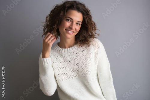 Portrait of a confident Israeli woman in her 30s wearing a cozy sweater against a white background