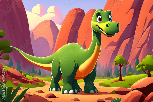 Green dinosaur with orange belly in desert landscape © Chris
