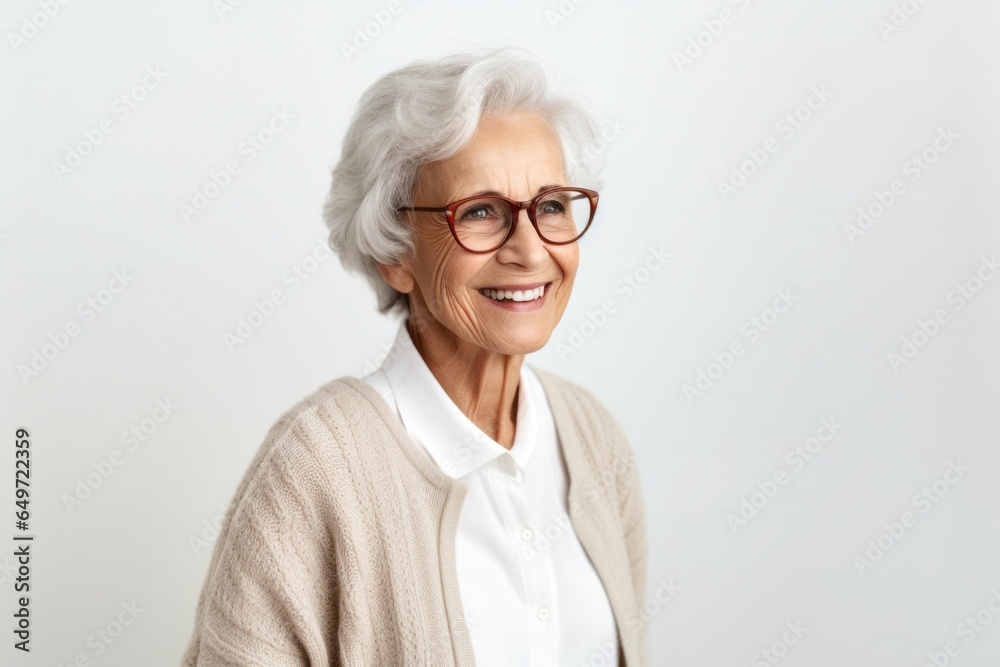 Portrait of a confident Israeli woman in her 90s wearing a chic cardigan against a white background
