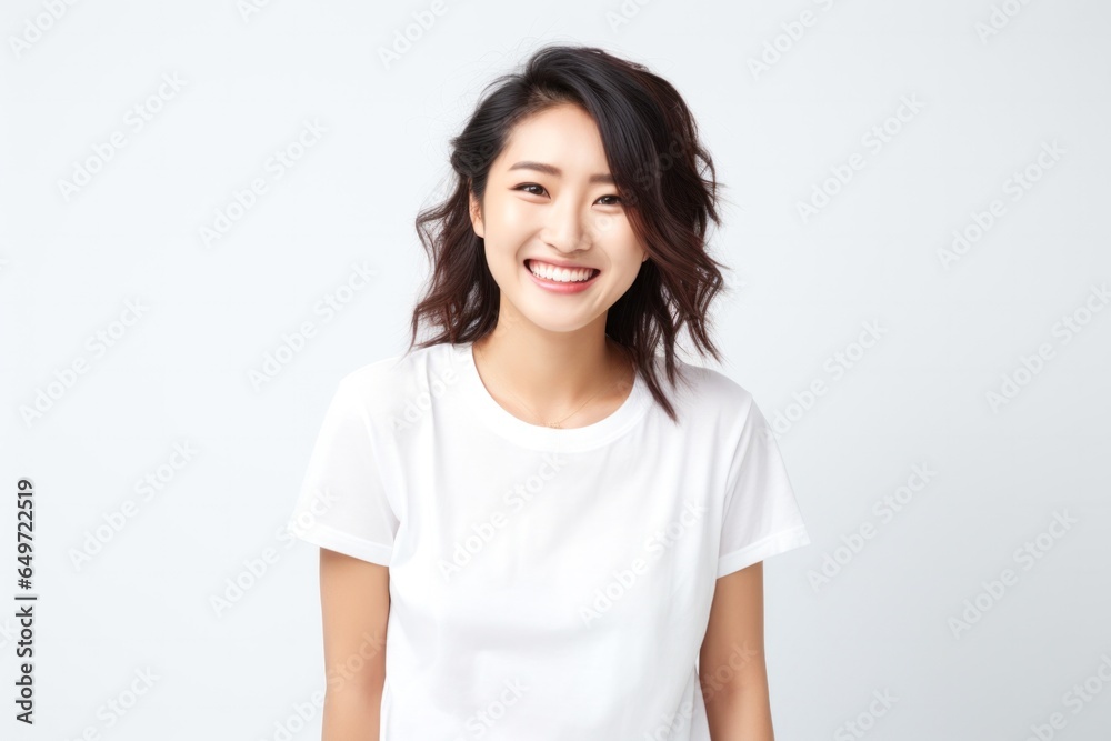 Portrait of a confident Japanese woman in her 30s wearing a casual t-shirt against a white background Portrait of a confident Japanese woman in her 30s wearing a casual t-shirt against a white background