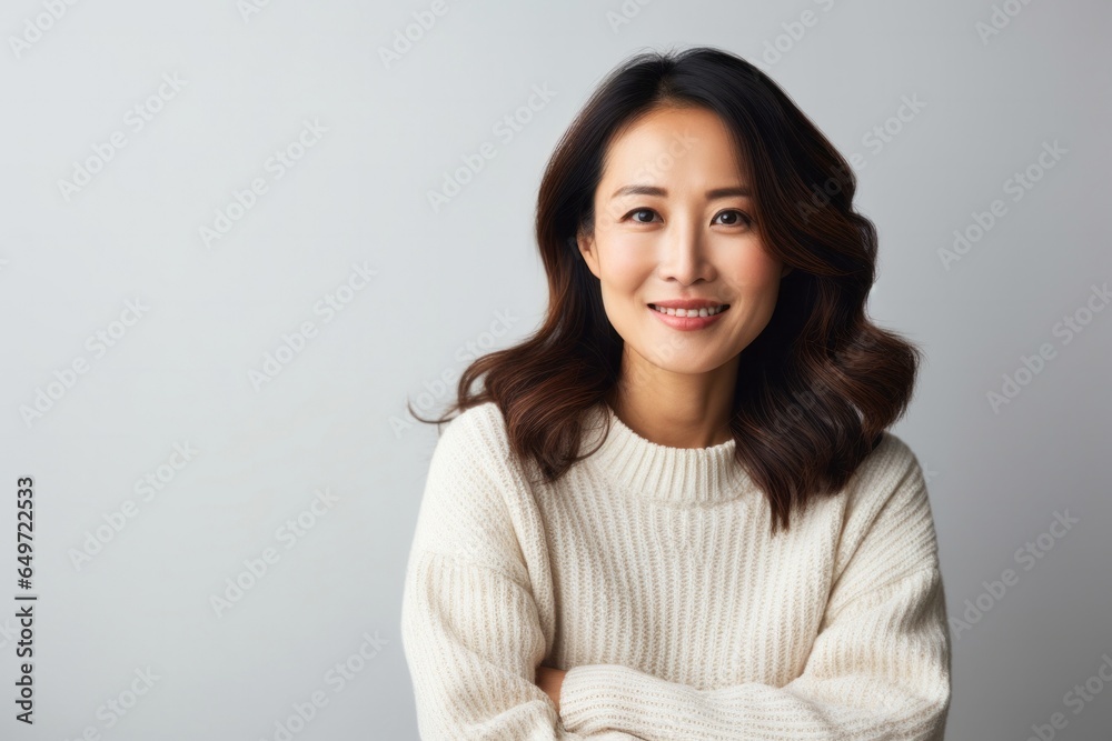 Portrait of a confident Japanese woman in her 30s wearing a cozy sweater against a minimalist or empty room background Portrait of a confident Japanese woman in her 30s wearing a cozy sweater against a minimalist or empty room background