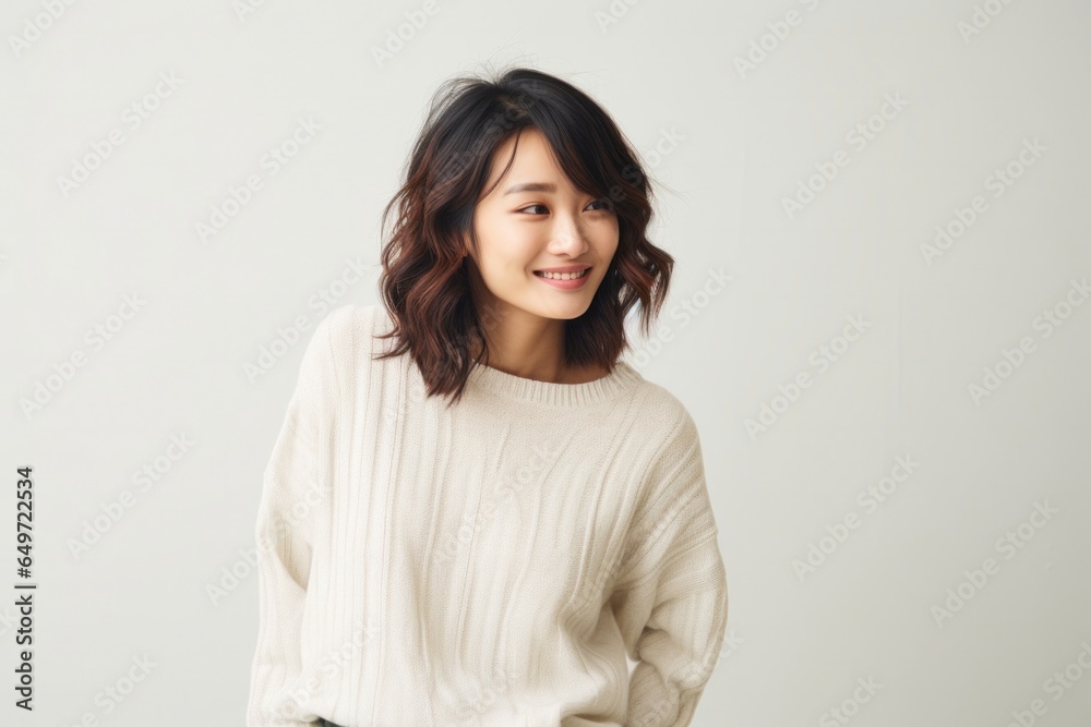 Portrait of a confident Japanese woman in her 30s wearing a cozy sweater against a minimalist or empty room background Portrait of a confident Japanese woman in her 30s wearing a cozy sweater against a minimalist or empty room background