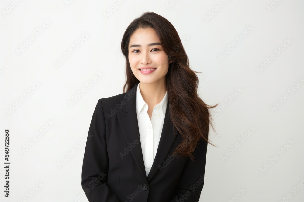 Portrait of a confident Japanese woman in her 30s wearing a sleek suit against a white background Portrait of a confident Japanese woman in her 30s wearing a sleek suit against a white background