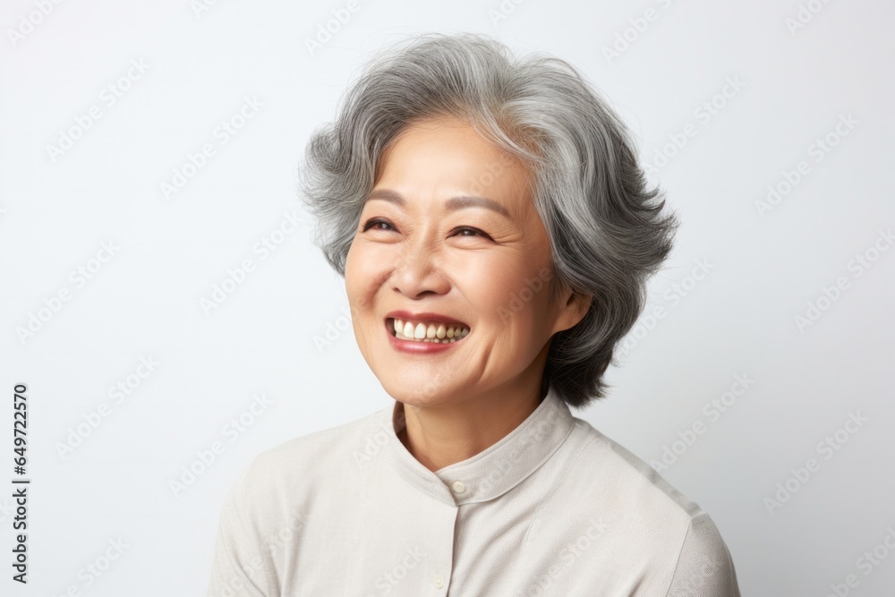 Portrait of a confident Japanese woman in her 50s wearing a chic cardigan against a white background Portrait of a confident Japanese woman in her 50s wearing a chic cardigan against a white background