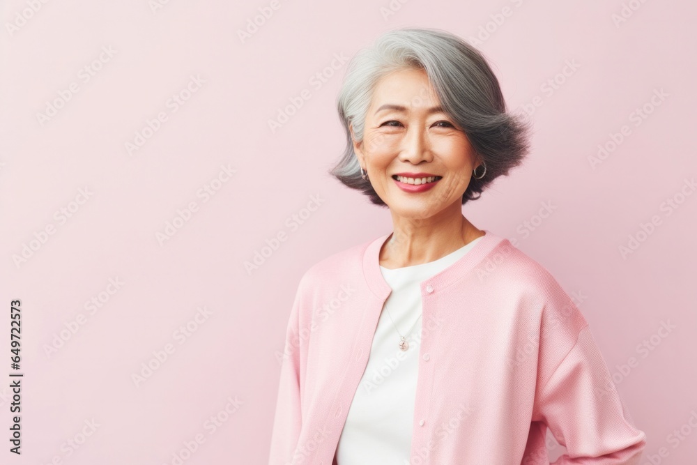 Portrait of a confident Japanese woman in her 50s wearing a chic cardigan against a pastel or soft colors background Portrait of a confident Japanese woman in her 50s wearing a chic cardigan against a pastel or soft colors background