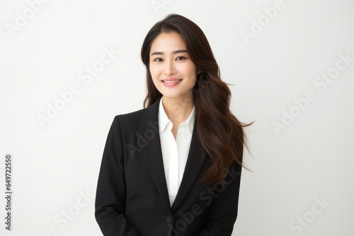 Portrait of a confident Japanese woman in her 30s wearing a sleek suit against a white background