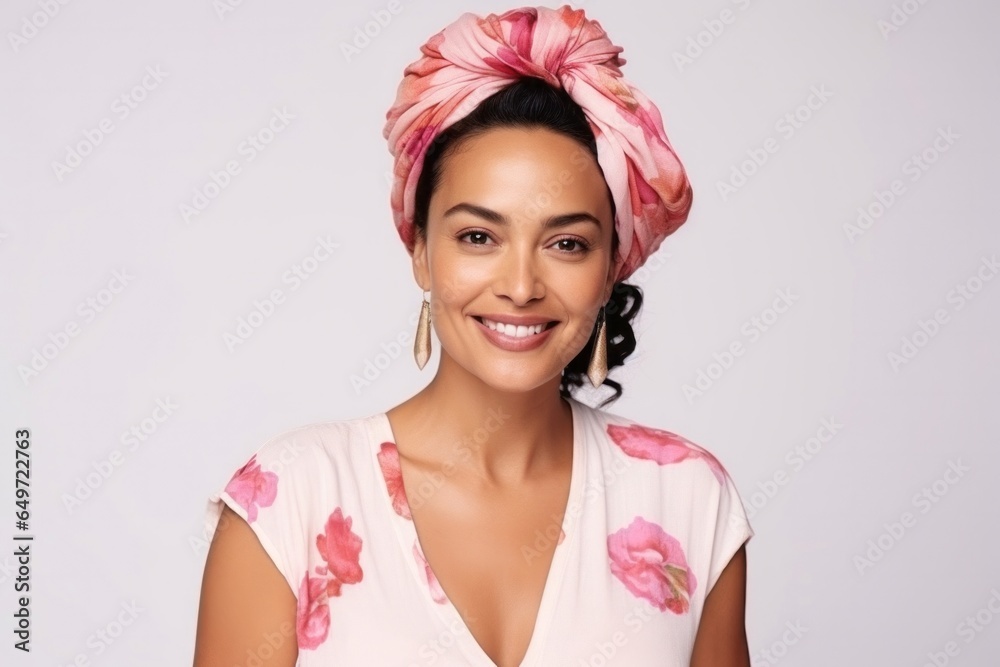 medium shot portrait of a confident Mexican woman in her 30s wearing a foulard against a white background