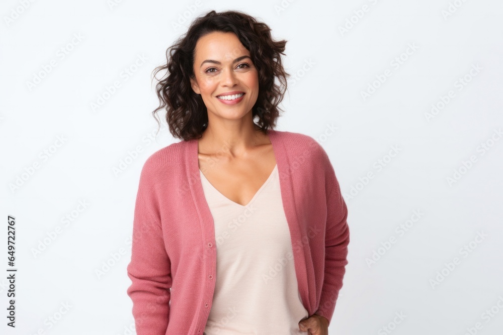 medium shot portrait of a confident Mexican woman in her 40s wearing a chic cardigan against a white background medium shot portrait of a confident Mexican woman in her 40s wearing a chic cardigan against a white background