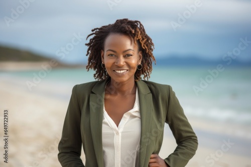 Portrait of a confident Kenyan woman in her 40s wearing a classic blazer against a beach background
