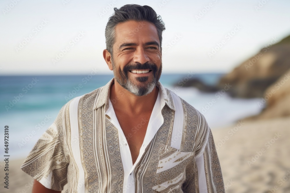 Portrait of a confident Mexican man in his 40s wearing a chic cardigan against a beach background