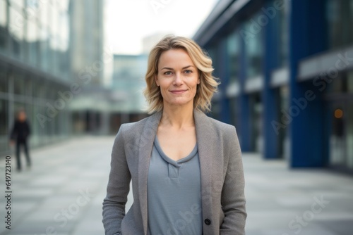 medium shot portrait of a confident Polish woman in her 30s wearing a chic cardigan against a modern architectural background